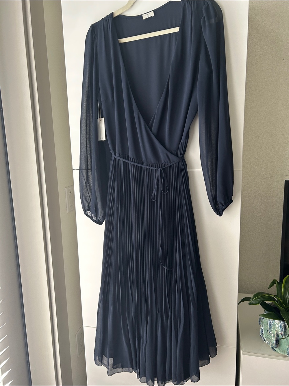 Wilfred Navy Pleated Wrap Midi Dress